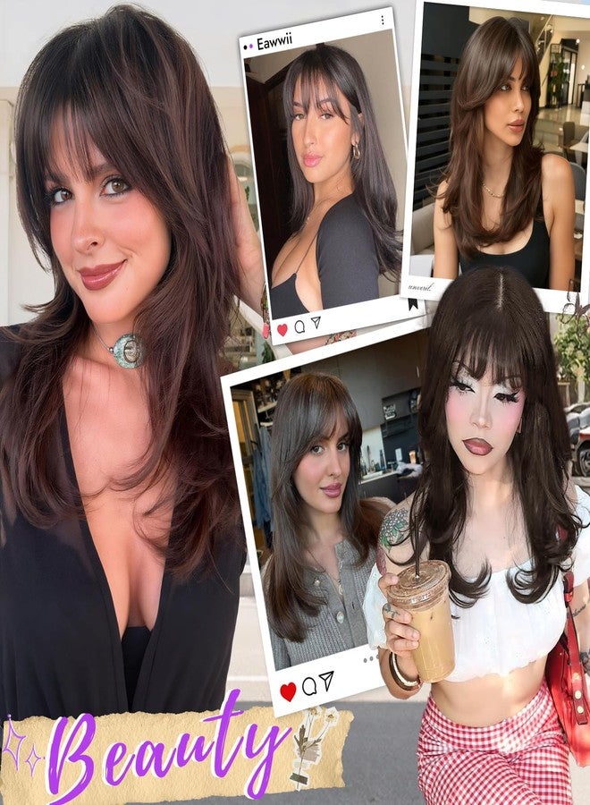 Eawwii Wig with Bangs for Women Medium Brown Straight Face-Framing Layers Hairstyle 4x4 Realistic Scalp Glueless Synthetic Wigs Medium Length for Everyday Use - Image 5